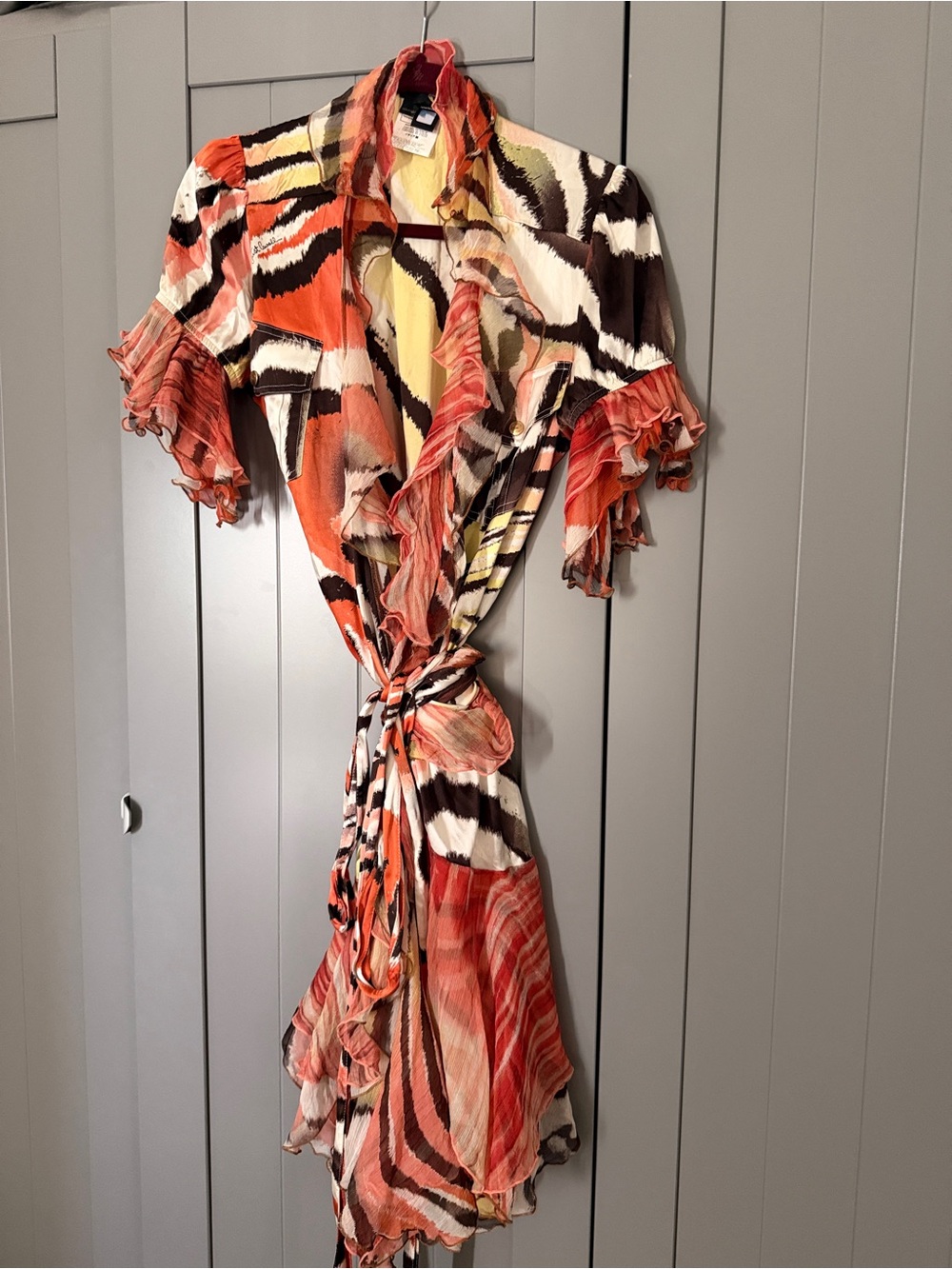 Just Cavalli Orange Coral & Brown Ruffle Wrap Dress